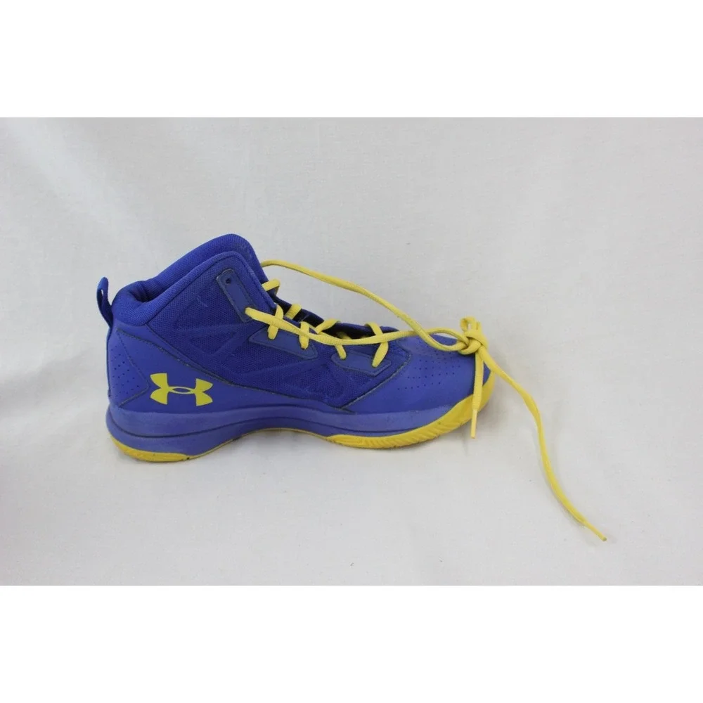Under Armour 7Y Youth Basketball Shoes Blue Yellow High Top Sportswear Sneakers - Picture 8 of 13